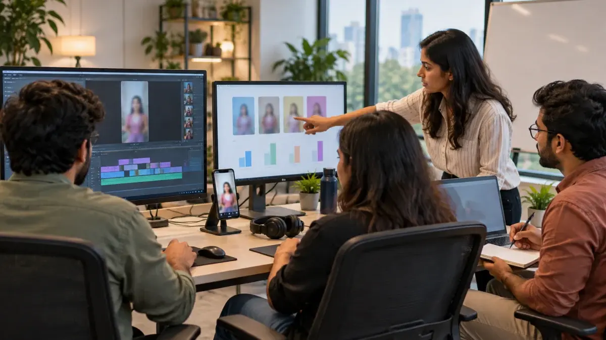 Behind-the-scenes office scene in a clean modern Indian ecommerce creative office where a small video editing and performance team reviews Instagram Reels ad cuts: two editors sit at large colour-calibrated monitors showing vertical video timelines as soft abstract coloured blocks, a female marketing manager points at a second screen with abstract bar shapes comparing creative variants, a male account manager takes notes on a laptop, a whiteboard area left blank, tidy desks with headphones, a vertical phone on a small stand for previewing cuts, warm natural daylight from large windows mixed with soft overhead panels, realistic hands and faces, focused collaborative mood, no logos, no signage, no readable text, no watermark.