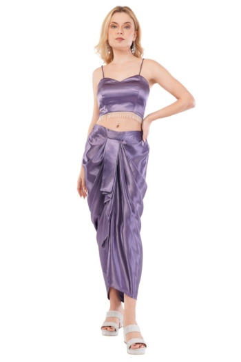 Shot of model wearing purple satin top and skirt on white background — Ckstudio, Commercial Product Photography