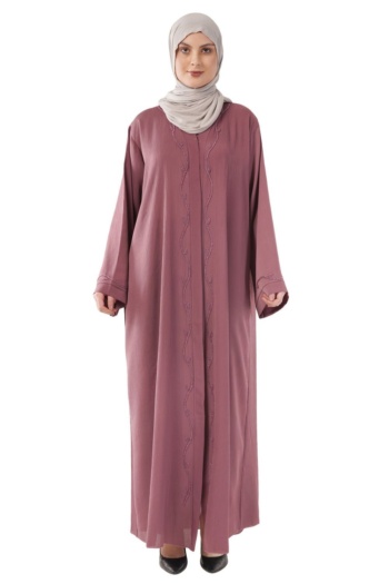 Burgundy embroidered abaya worn by model, white background, E-Commerce Photography shot — Ckstudio