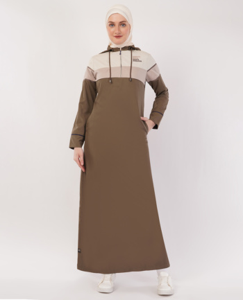 Shot of model wearing brown and beige hooded dress on white background — Ckstudio, Commercial Product Photography