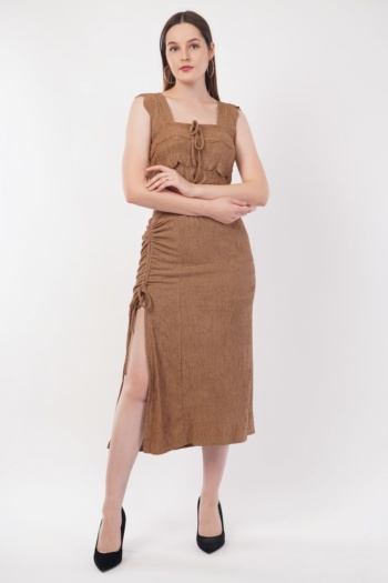 Shot of model wearing brown ruched dress on white background — Ckstudio, Commercial Product Photography