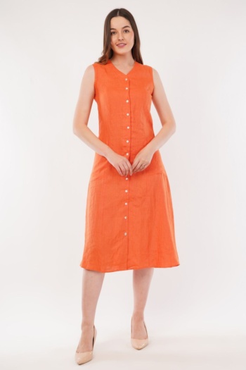 B) model wearing orange sleeveless buttoned dress, white background, Commercial Product Photography shot — Ckstudio