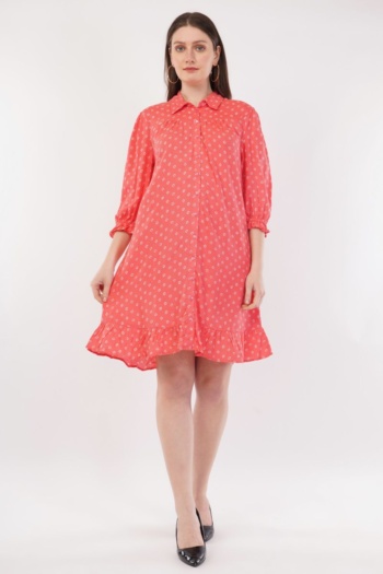 B) model wearing coral patterned dress, shot on white background, E-Commerce Photography — Ckstudio