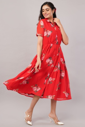 B) model wearing red floral dress, grey background, Fashion Photography shot — Ckstudio