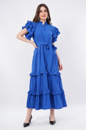 Shot of model wearing blue ruffled dress on white background — Ckstudio Fashion Photography