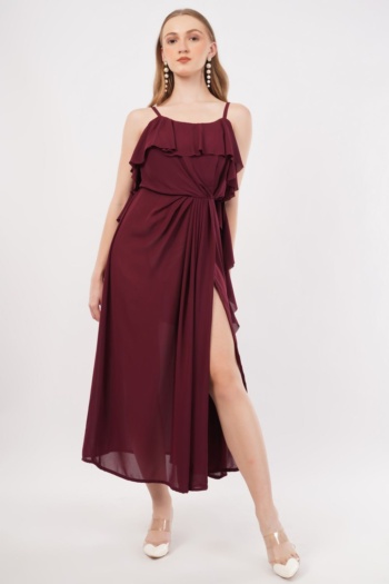 Burgundy ruffled dress on model, white background, E-Commerce Photography shot — Ckstudio