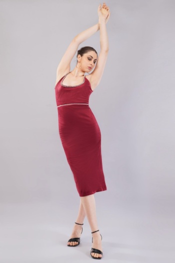 Burgundy dress on model, gray studio background, Fashion Photography shot — Ckstudio