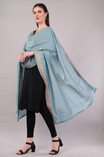 Ckstudio shot of model wearing black dress and blue embroidered shawl on plain gray background — Commercial Product Photography