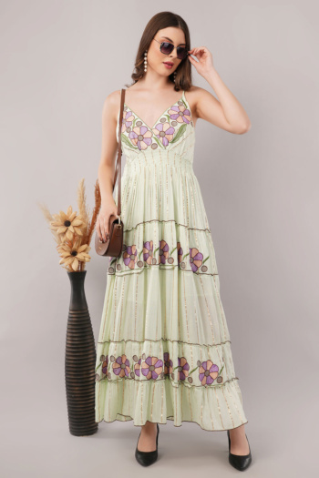 B) model wearing floral embroidered dress, beige studio background, E-Commerce Photography shot — Ckstudio