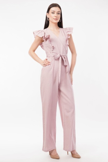 Shot of model wearing a pink ruffled jumpsuit on white background — Ckstudio, Commercial Product Photography