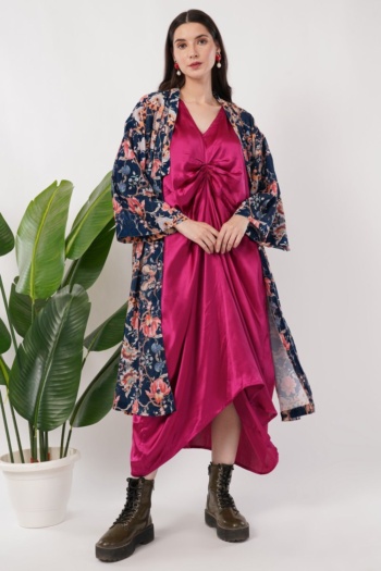 Burgundy satin dress with floral kimono on model, white studio background, Commercial Product Photography shot — Ckstudio