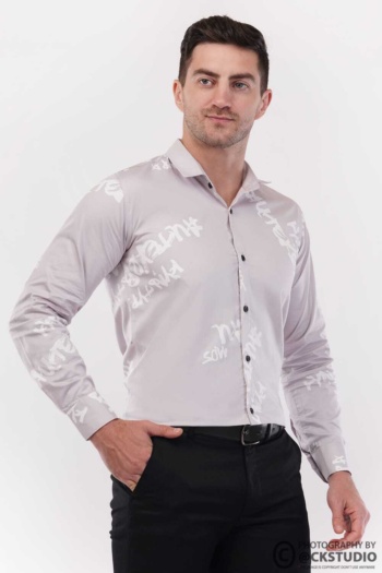 B) man wearing printed shirt, white background, Fashion Photography shot — Ckstudio