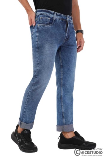 B) blue denim jeans on white background, Commercial Product Photography shot — Ckstudio