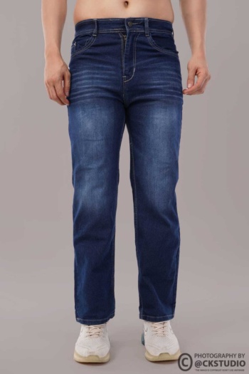 Ckstudio shot of blue denim jeans on neutral gray background, Commercial Product Photography