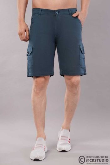 Shot of men's navy cargo shorts on gray background — Ckstudio, Commercial Product Photography
