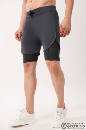 Biker shorts and layered shorts on model, white background, E-Commerce Photography shot — Ckstudio