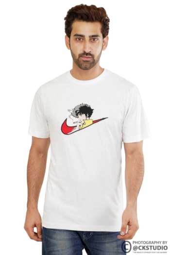 B) man wearing graphic white t-shirt, standing on white background, Fashion Photography shot — Ckstudio