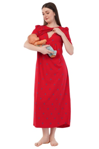 B) woman in red nursing dress holding baby doll, white background, E-Commerce Photography shot — Ckstudio