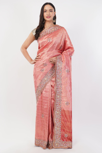 Shot of model wearing pink embroidered saree on white background — Ckstudio, Garment Photography