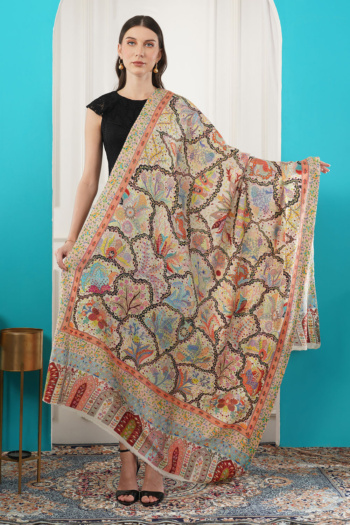 Shot of model wearing black dress and colorful shawl on patterned rug and blue-white background — Ckstudio, E-Commerce Photography