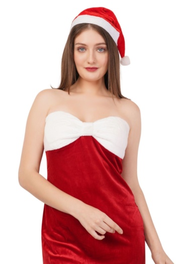 B woman in red and white Christmas dress and Santa hat, white background, Commercial Product Photography shot — Ckstudio