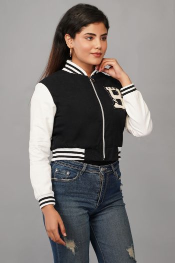Shot of model wearing black and white jacket and jeans on gray background — Ckstudio, E-Commerce Photography