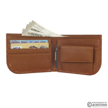 Ckstudio shot of a brown wallet with cash and cards on a plain background — Commercial Product Photography.